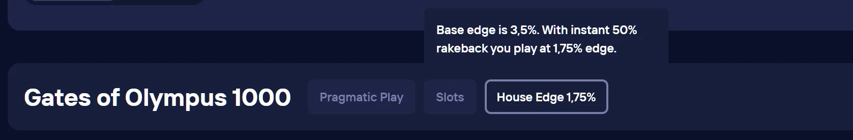 Duel Casino slot edge return example - 50% of house edge on eligible slots