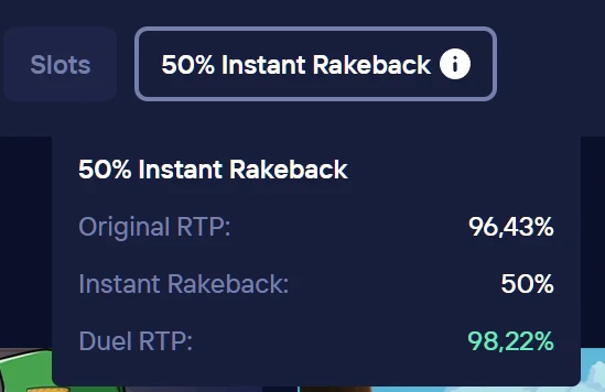 Duel Casino slot edge return — 50% of house edge on eligible slots